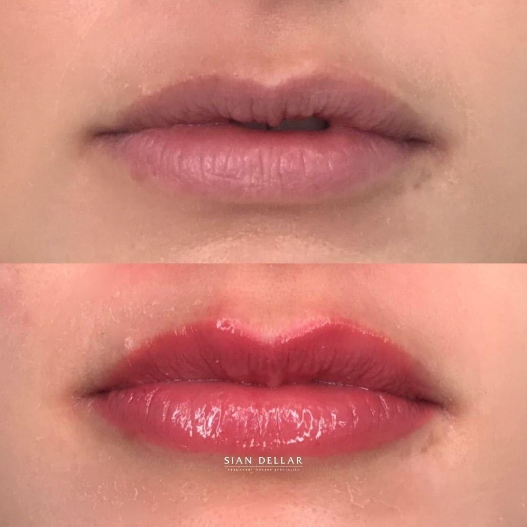 warm pink lip blush before and after